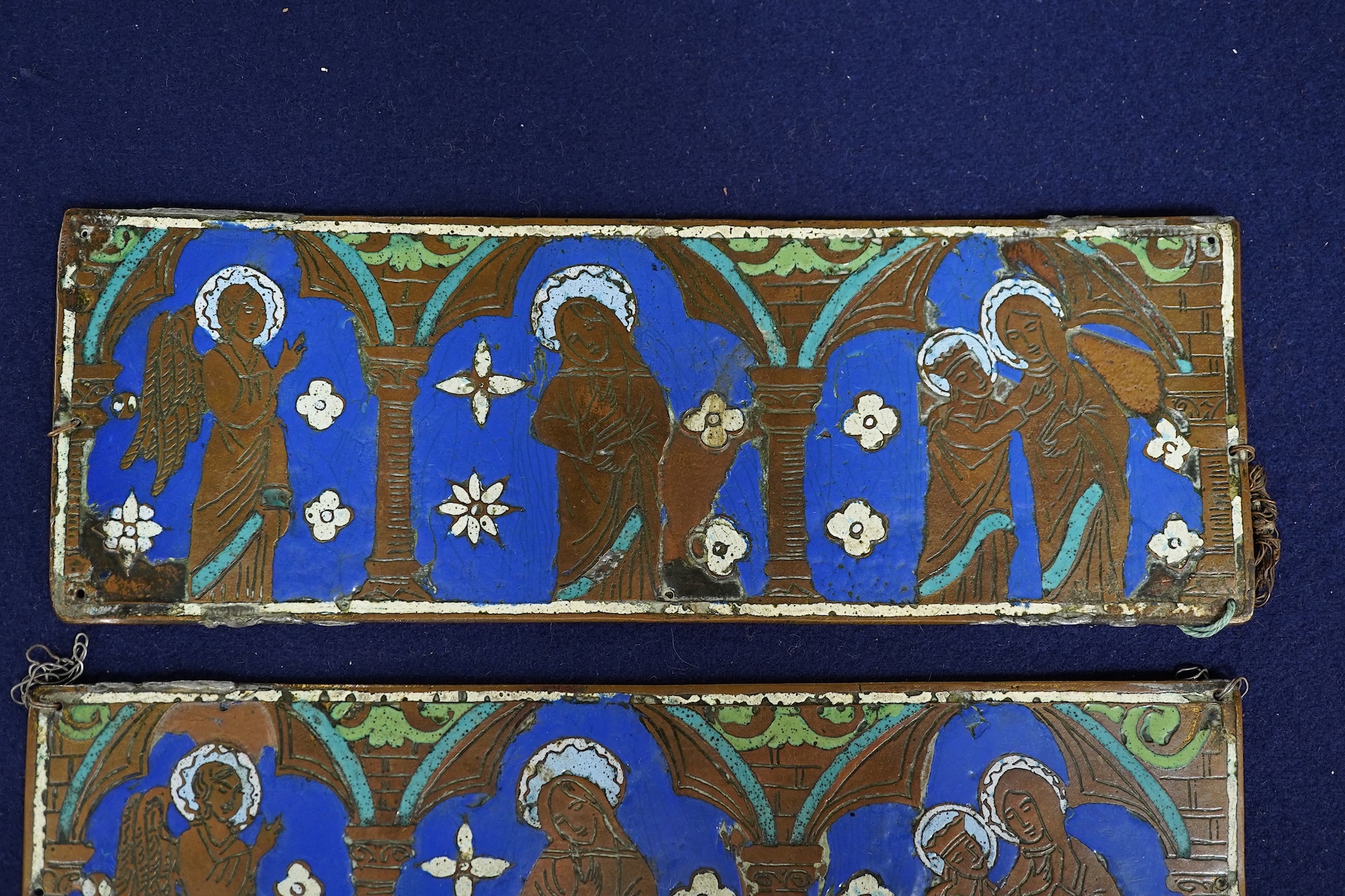 Two Limoges enamel and brass panels in medieval style, related Philips auction catalogue, 7.5 x 22cm